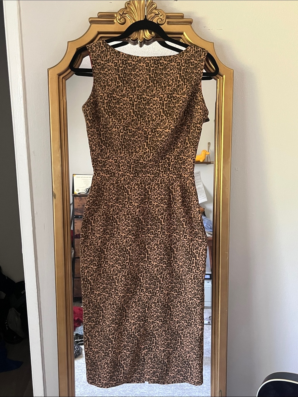 Bettie Page Brown Leopard Print Sleeveless Midi Dress